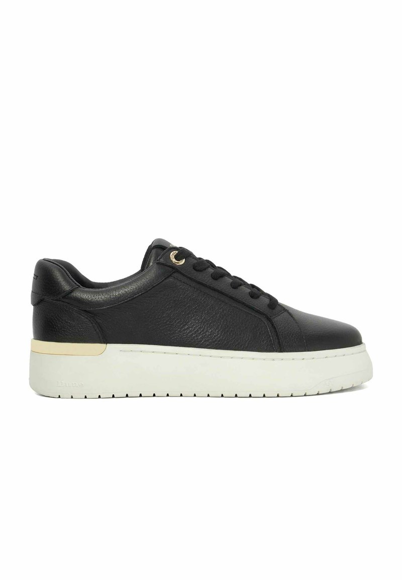 Black leather sneaker with a smooth texture, white rubber sole, gold eyelets, and subtle branding on the side. Lace-up design.