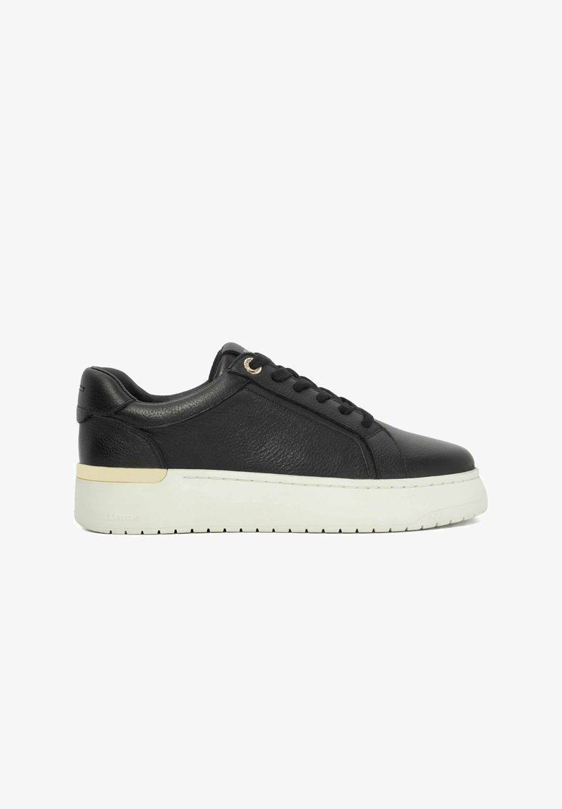 Black leather sneaker with a smooth texture, white rubber sole, gold eyelets, and subtle branding on the side. Lace-up design.