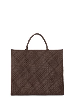 Brown woven leather tote bag with a structured shape, featuring two handles and a textured surface created by a diagonal pattern.