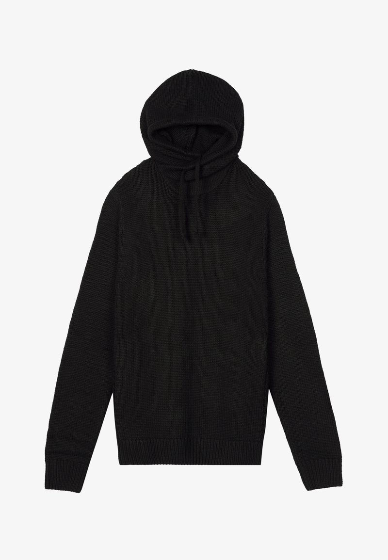 Svart stickad hoodie med kragkrage och dragsko. Har långa ärmar samt muddade muddar och fåll. Enkel, strukturerad mönster.