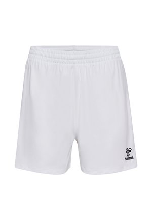 Witte sportshorts met een elastische tailleband, gemaakt van lichtgewicht stof. Bevat een zwart logo op het onderste linkerpunt van het been. Glad aanvoelend.