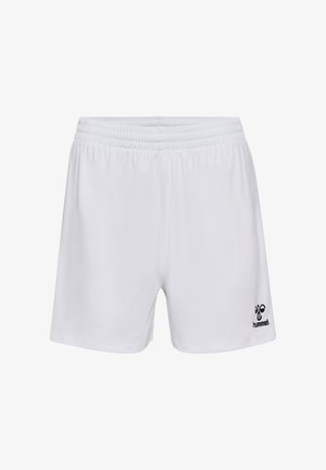 Weiße Sportshorts mit elastischem Bund, aus leichtem Stoff gefertigt. Mit einem schwarzen Logo am unteren linken Bein. Glatte Textur.