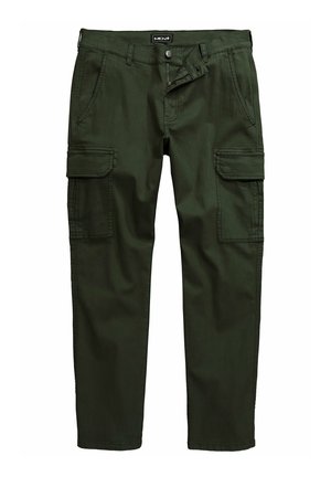Pantaloni cargo verdi realizzati in cotone resistente con una vestibilità rilassata, dotati di due tasche laterali, due tasche sulla coscia e chiusura con zip.