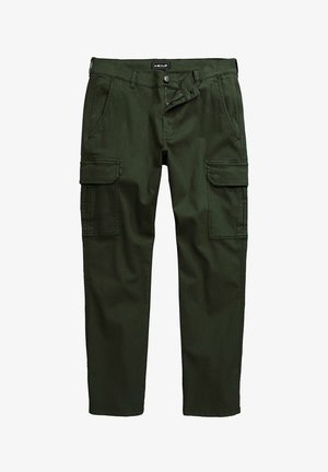 Zelené cargo kalhoty vyrobené z odolné bavlny s volným střihem, které mají dvě boční kapsy, dvě kapsy na stehnech a zapínání na zip.