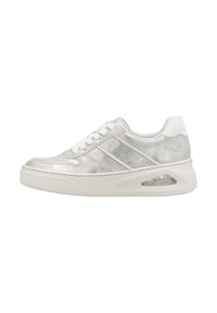 Metallic silver sneaker with white accents, sleek design, round toe, thick sole, and visible air cushioning feature on the side.