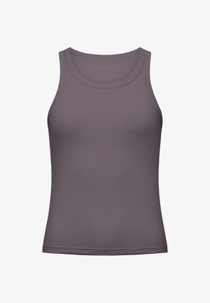 Grijze geribbelde tanktop met een ronde halslijn en brede schouderbanden. Heeft een gladde textuur en een aansluitend ontwerp. Geen versieringen.