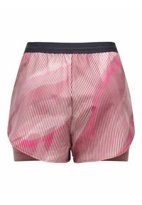 Roosad ja valged triibulised spordipüksid musta elastse vöökohaga ja sisemise kompressioonikihiga, esitatud valgel taustal.