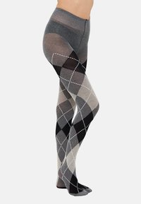 Collant grigi con motivo argyle che presenta sfumature di nero, grigio e grigio chiaro, evidenziate da contorni di diamante bianchi.