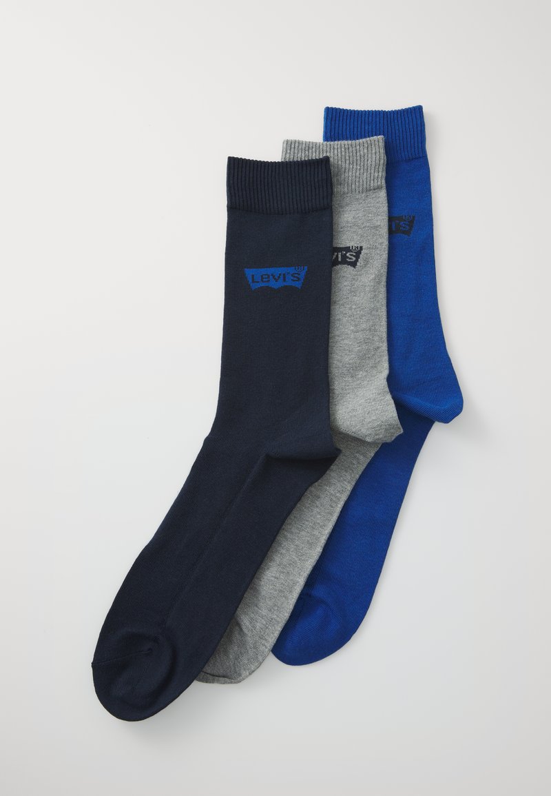 Três pares de meias Levi's em azul escuro, cinza mescla e azul brilhante, com punhos canelados e o logótipo da Levi's em cada meia.