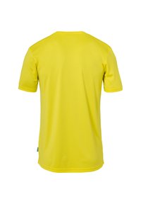T-shirt court à manches courtes de couleur jaune vif vu de dos sur un fond blanc.