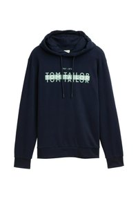 Felpa navy con cappuccio regolabile, grafica frontale con il testo "TOM TAILOR" e numeri, tessuto morbido, maniche lunghe con polsini a coste.