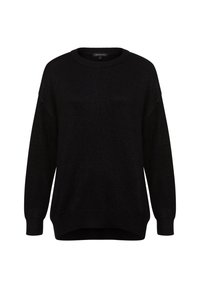 Schwarzer gestrickter Pullover mit Rundhalsausschnitt, langen Ärmeln und lockerer Passform. Der Stoff hat eine subtile Schimmertextur. Der Saum ist hinten etwas länger.