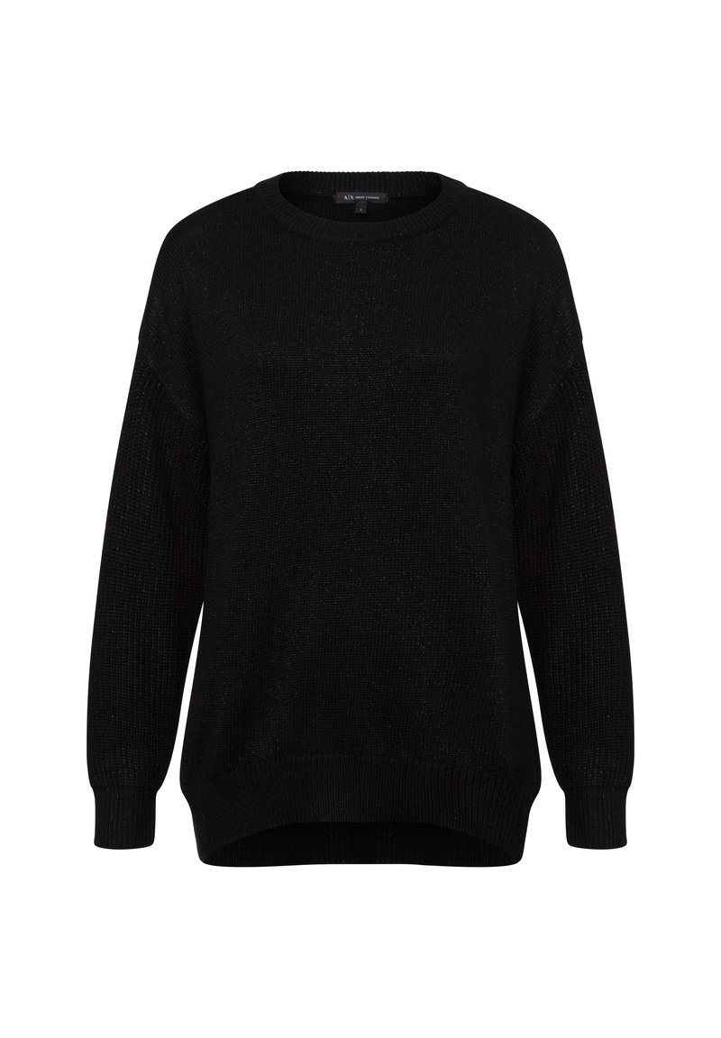 Schwarzer gestrickter Pullover mit Rundhalsausschnitt, langen Ärmeln und lockerer Passform. Der Stoff hat eine subtile Schimmertextur. Der Saum ist hinten etwas länger.