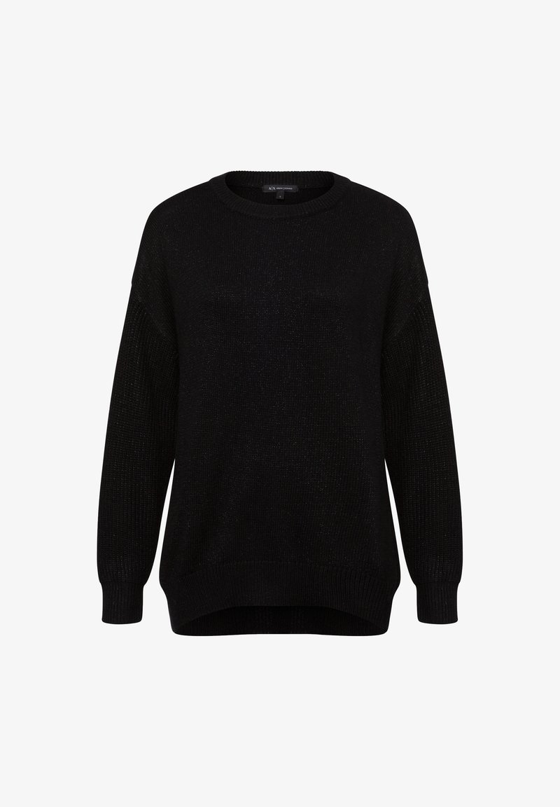 Schwarzer gestrickter Pullover mit Rundhalsausschnitt, langen Ärmeln und lockerer Passform. Der Stoff hat eine subtile Schimmertextur. Der Saum ist hinten etwas länger.