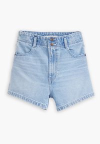 Ljusblå denimshorts med hög midja, som har två framfickor, två knappar och en rå kantfinish.