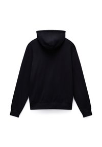 Must kapuutsiga pusajakk, puuvillasegu, pikad varrukad, soonikuga mansetid ja alumine äär, sile tekstuur, minimalistlik kujundus, nähtavaid logosid ega mustreid ei ole.