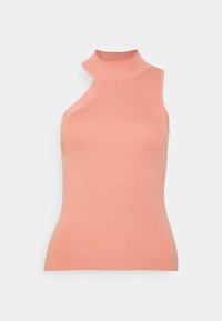 Top acanalado sin mangas en suave color melocotón con cuello alto y corte asimétrico. Textura lisa. Adecuado para superponer o para un uso casual.