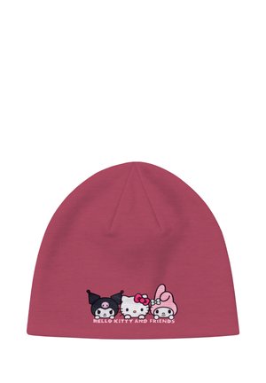 Pinkes Beanie mit bedruckten Cartoonfiguren Hello Kitty, Kuromi und My Melody sowie dem Text "Hello Kitty and Friends" auf der Vorderseite.
