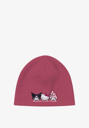 Pink beanie hat with printed cartoon characters Hello Kitty, Kuromi, and My Melody, and text "Hello Kitty and Friends" on front.