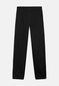 Μαύρο παντελόνι φόρμας με ελαστική μέση και μανσέτες, κατασκευασμένο από μαλακό ύφασμα, με σχεδιασμό ίσιας γραμμής και χωρίς ορατά σχέδια ή διακοσμητικά στοιχεία.