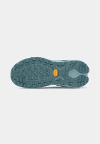 Tălpic Vibram în nuanță teal cu texturi pe suprafață, având un logo galben amplasat central. Material din cauciuc durabil, conceput pentru aderență și tracțiune.