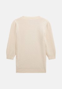 Suéter de punto color crema con un acabado texturizado suave. Presenta mangas abullonadas y puños y dobladillo acanalados. Vista trasera mostrada.