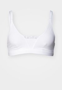 White bralette made of smooth fabric, featuring a V-shaped neckline, adjustable straps, and a logo accent on the inside band.