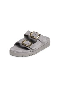 Graue Wildeleder-Sandalen mit zwei breiten Riemen und goldfarbenen Schnallen sowie einer strukturierten, gepolsterten Sohle für zusätzlichen Komfort.