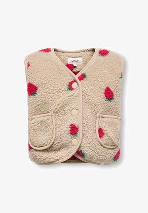 Bézs sherpa mellény piros epermintákkal, elöl patentos gombokkal és két elülső zsebbel.