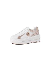 Sneakers bianchi con accenti metallici in rosa oro, pannelli laterali testurizzati, dettaglio con logo rotondo e una spessa suola piattaforma bianca.