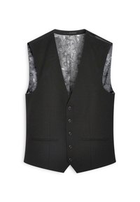 Schwarze Weste mit V-Ausschnitt-Design, sechs Knöpfen und zwei vorderen Taschen. Gefüttert mit einem grauen Blumendesign für den Kontrast. Glatte Textur.