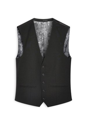 Vesta neagră cu un design în formă de V, șase nasturi și două buzunare frontale. Căptușită cu un model floral gri pentru contrast. Textură netedă.
