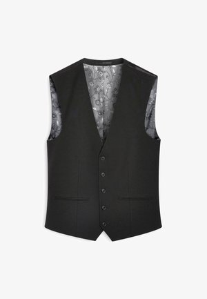 Schwarze Weste mit V-Ausschnitt-Design, sechs Knöpfen und zwei vorderen Taschen. Gefüttert mit einem grauen Blumendesign für den Kontrast. Glatte Textur.
