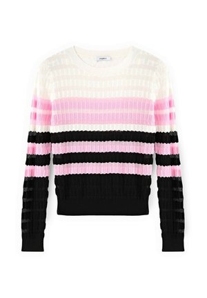 Langärmeliger, gerippter Pullover mit horizontalen Streifen in Weiß, Pink und Schwarz, ausgestattet mit einem Rundhalsausschnitt und eng anliegenden Bündchen.