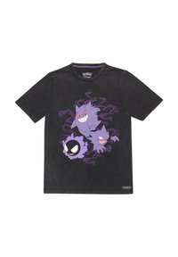 Černé bavlněné tričko s fialovým grafikou tří postaviček Pokémonů a spirálovitými kouřovými akcenty. Kulatý výstřih, krátké rukávy.