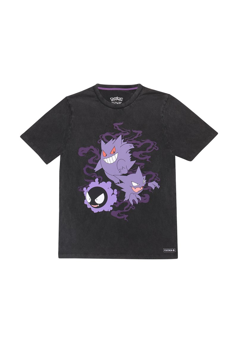 Černé bavlněné tričko s fialovým grafikou tří postaviček Pokémonů a spirálovitými kouřovými akcenty. Kulatý výstřih, krátké rukávy.