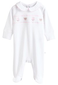 Body pour bébé en coton blanc avec des pois roses, un col et des visages d'animaux brodés (ours et lapins) sur la poitrine. Manches longues.