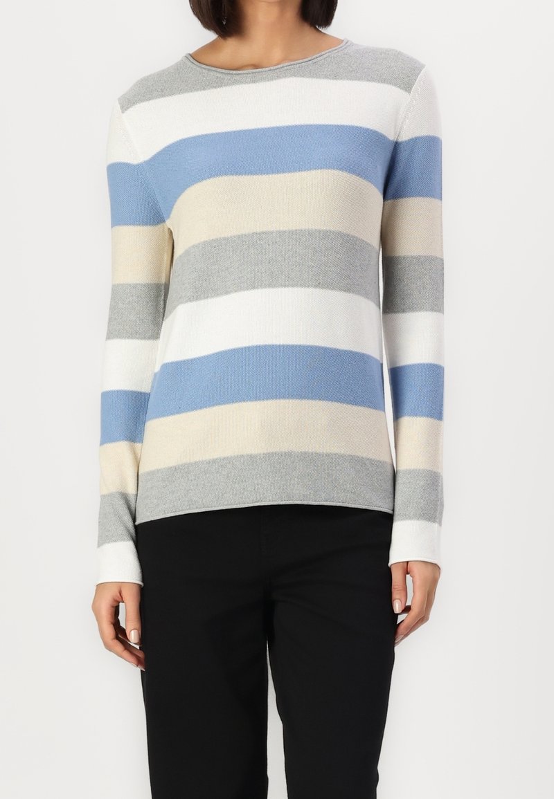Personne portant un pull à manches longues avec des rayures horizontales grises, bleues, beiges et blanches, associé à un pantalon noir.