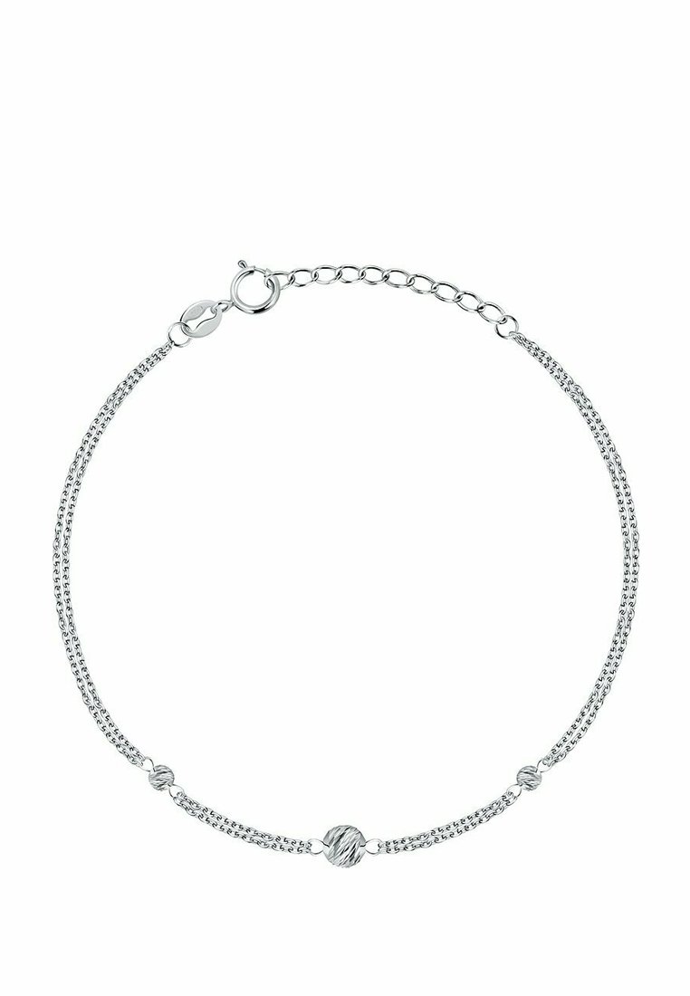Bracelet in argento con un accento a sfera attorcigliata, piccole perline tonde e una chiusura regolabile con estensione a catena.