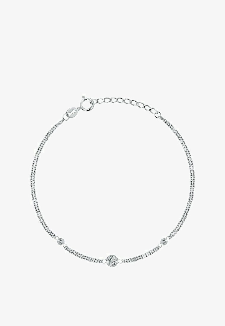 Bracelet in argento con un accento a sfera attorcigliata, piccole perline tonde e una chiusura regolabile con estensione a catena.