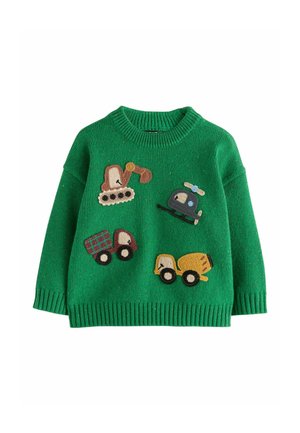 Grüner gestrickter Kinderpullover mit bestickten Baumaschinen: Bagger, Hubschrauber, Muldenkipper und Betonmischer.