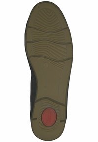 Suela de zapato negra con un diseño texturizado; presenta un acento circular rojo etiquetado como "Confort" y un área marrón suave y flexible. Tamaño 37 visible.