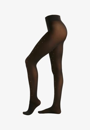 Czarne, przezroczyste rajstopy o gładkiej strukturze, zdobione dekoracyjnymi srebrnymi kropkami wzdłuż nogi, co dodaje im szczegółów i atrakcyjności wizualnej.