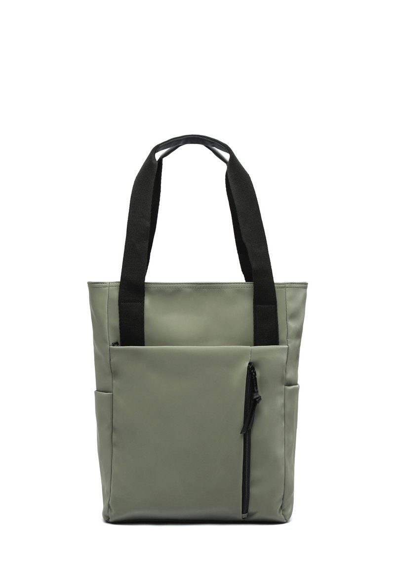 Borsa tote di colore verde tenue, realizzata in materiale liscio, presenta due manici in tessuto nero, una tasca frontale con zip e tasche laterali.