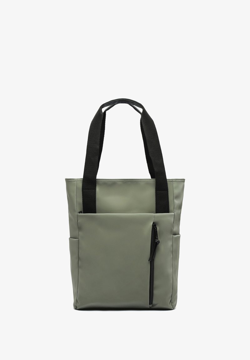 Hallkott mures roheline, valmistatud siledast materjalist, kahe musta kangastrapiga, ees on lukuga tasku ja küljetaskud.