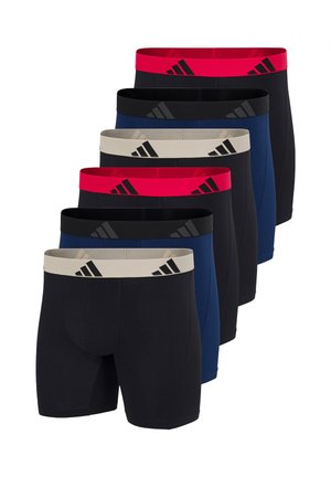 Seks par herreboxershorts i skiftevis sort og navyblå med linninger i rød, sort og beige med et sportsmærke-logo.