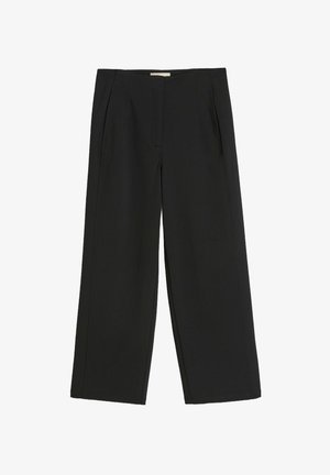 Szerokie czarne spodnie wykonane z gładkiego materiału, z przodu z zakładkami, wysoki stan, bez widocznych elementów metalowych ani wzorów.