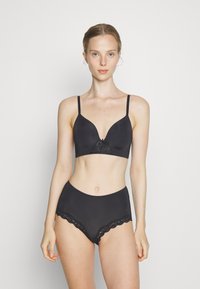 Black lingerie set featuring a wireless bralette with a plunging neckline and lace accent, paired with high-waisted briefs with lace trim.