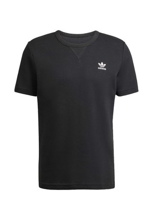 Czarna koszulka z krótkim rękawem wykonana z teksturowanej tkaniny. Posiada okrągły dekolt i małe białe logo Adidas po lewej stronie.