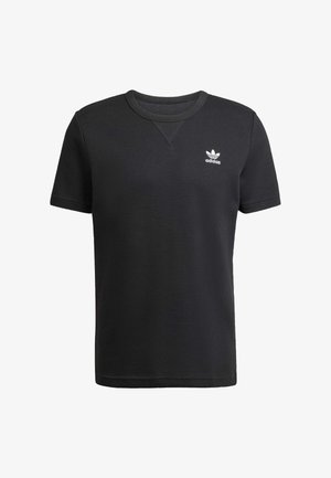 Black short-sleeve t-shirt made of textured fabric. Features a round neckline and a small white Adidas logo on the left side.